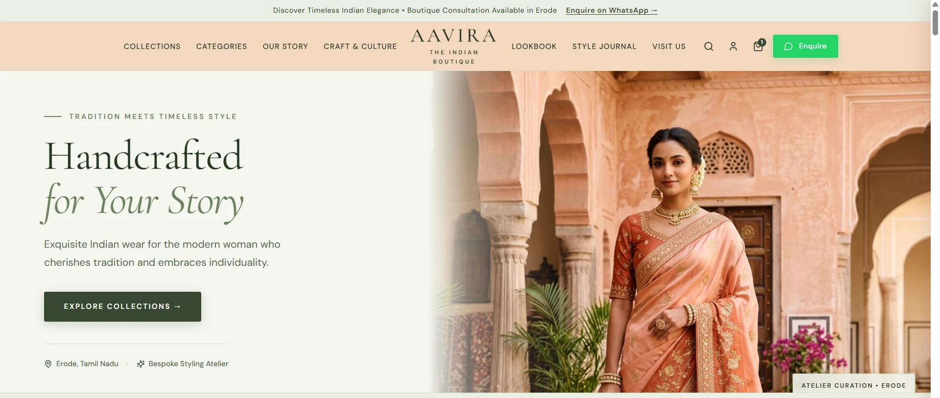 Aavira Boutique concept website showing handcrafted Indian sarees