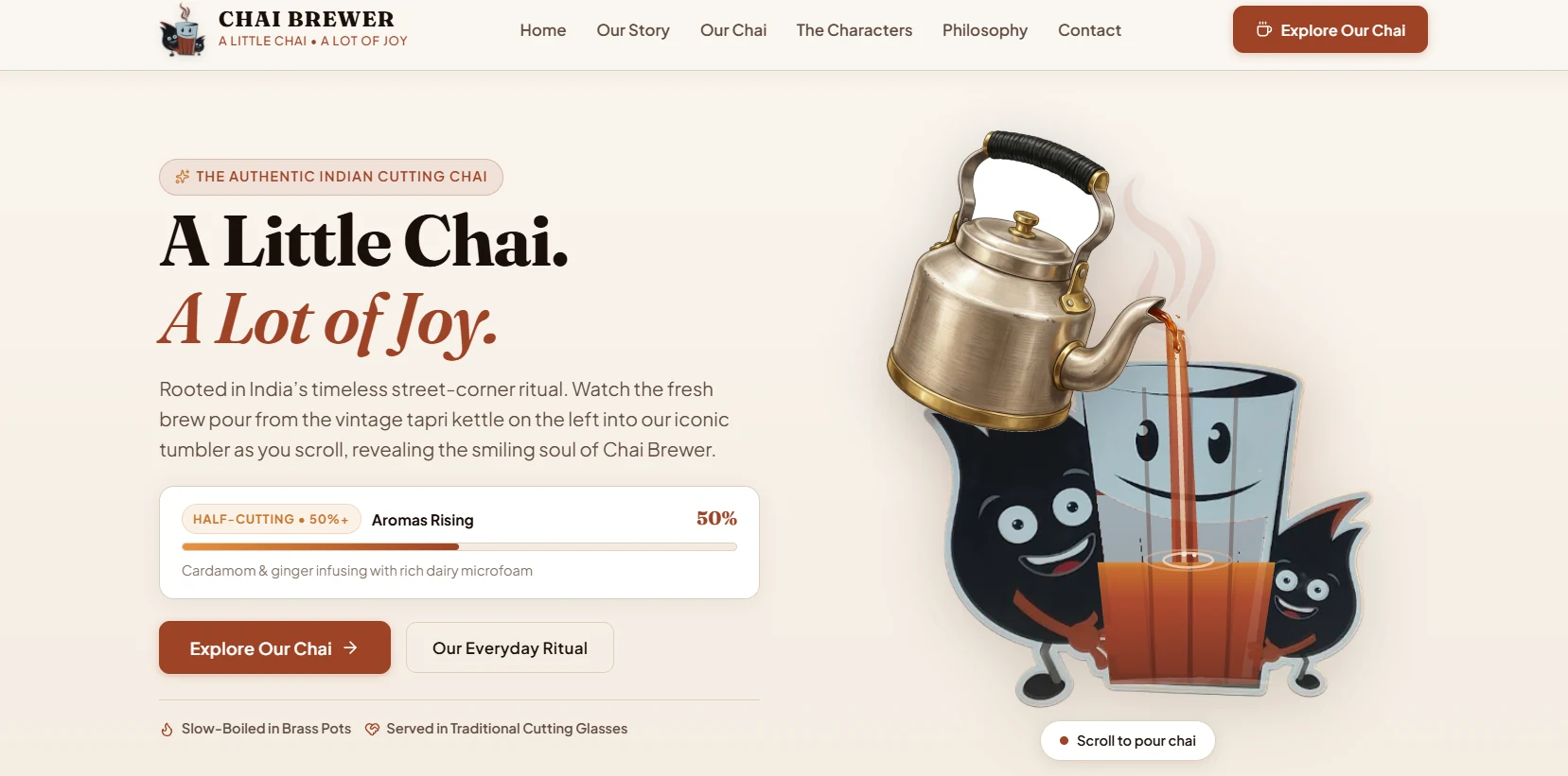 Chai Brewer concept landing page with a kettle pouring into a glass and illustrated characters