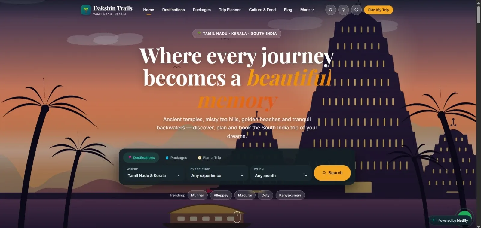 Dakshin Trails tourism website concept with a temple and palm-tree illustration and a destination search panel