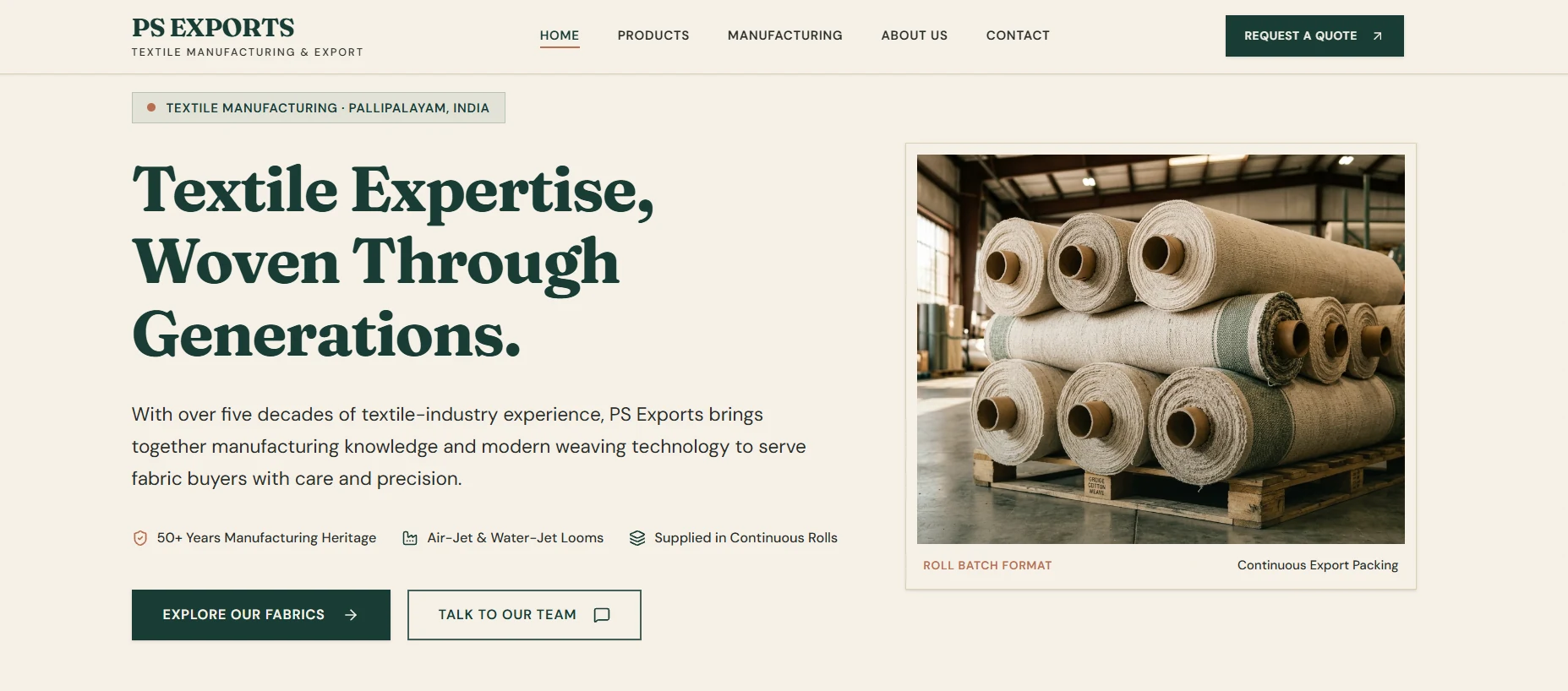 PS Exports demonstration website home page showing textile rolls